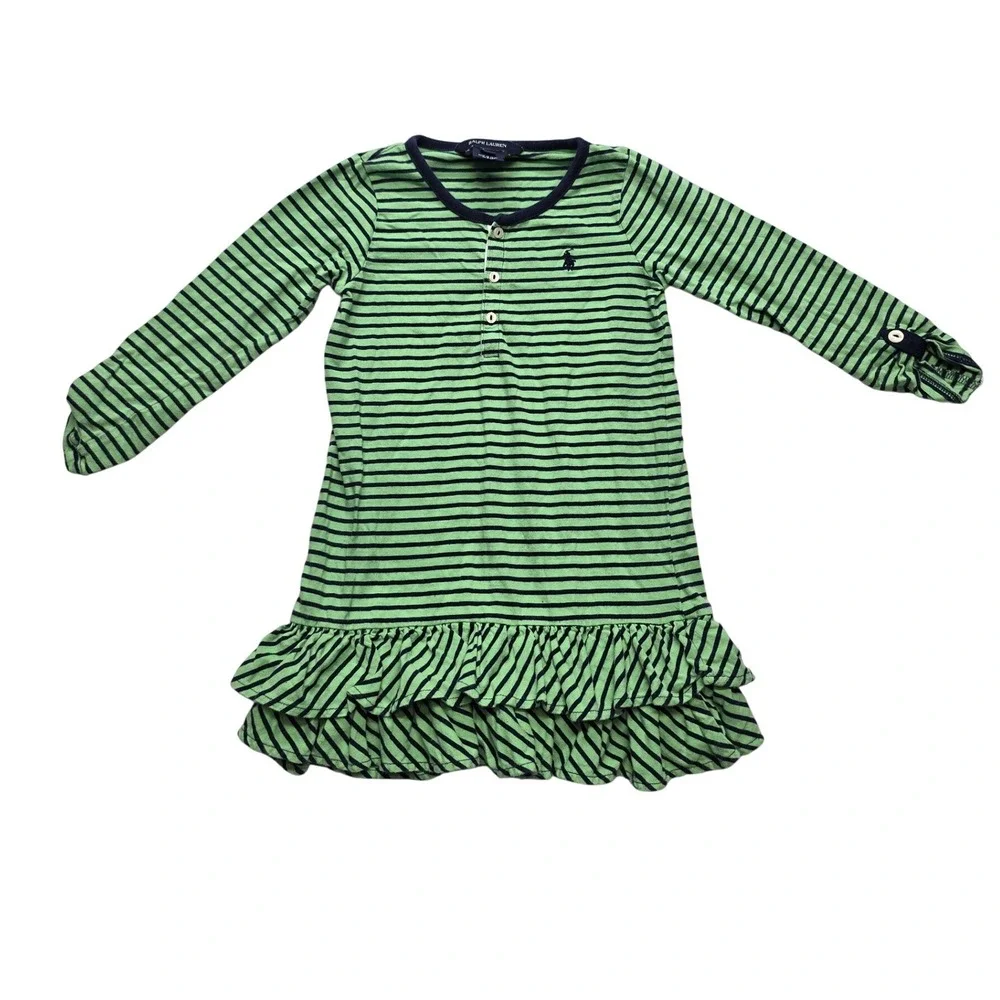 Ralph Lauren Girls 4/4T Green Navy Striped Henley Ruffle Hem Dress Preppy Boho